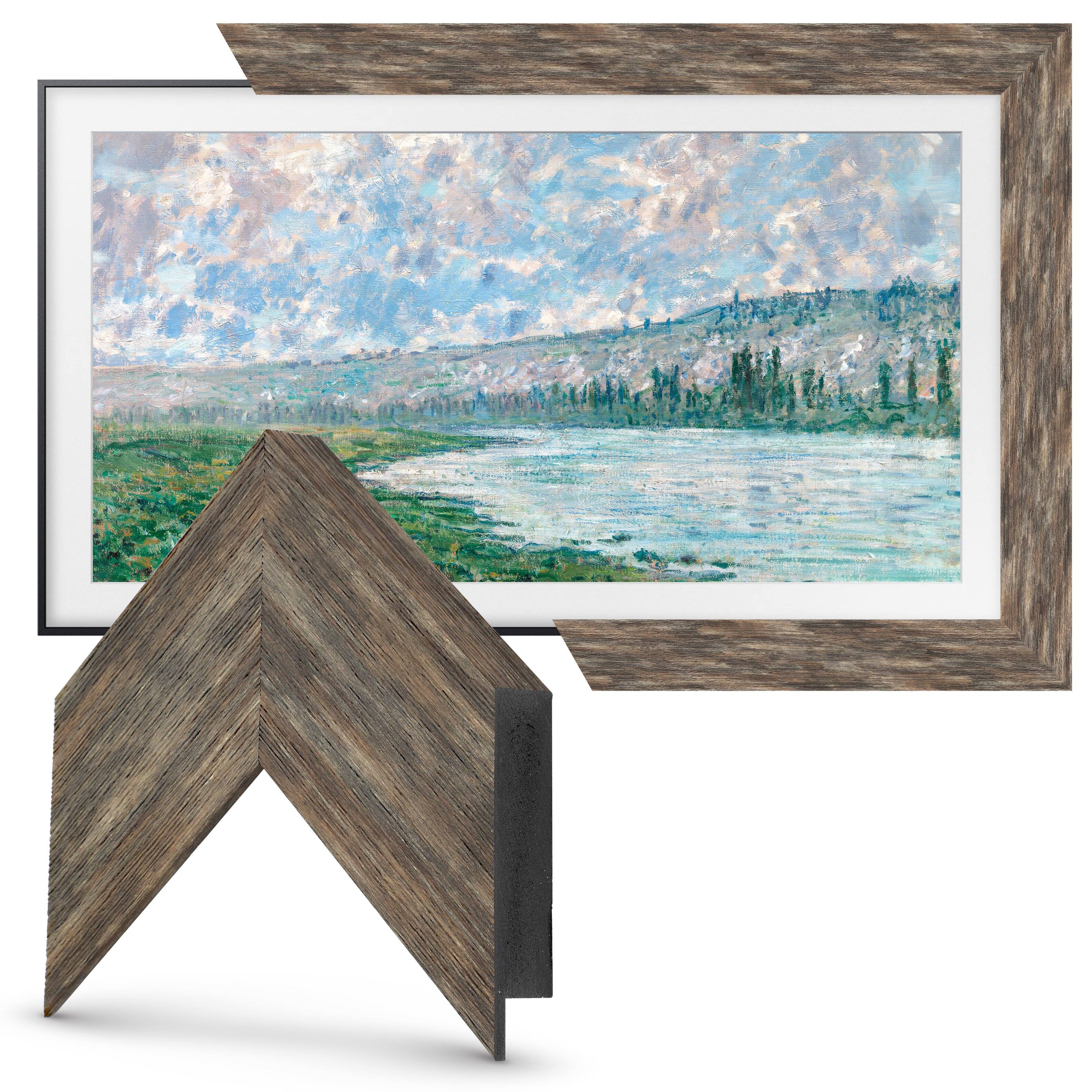 Left. Deco TV Frames - Premiere Bezel for Samsung the Frame TV - 50" - Distressed Barnwood.