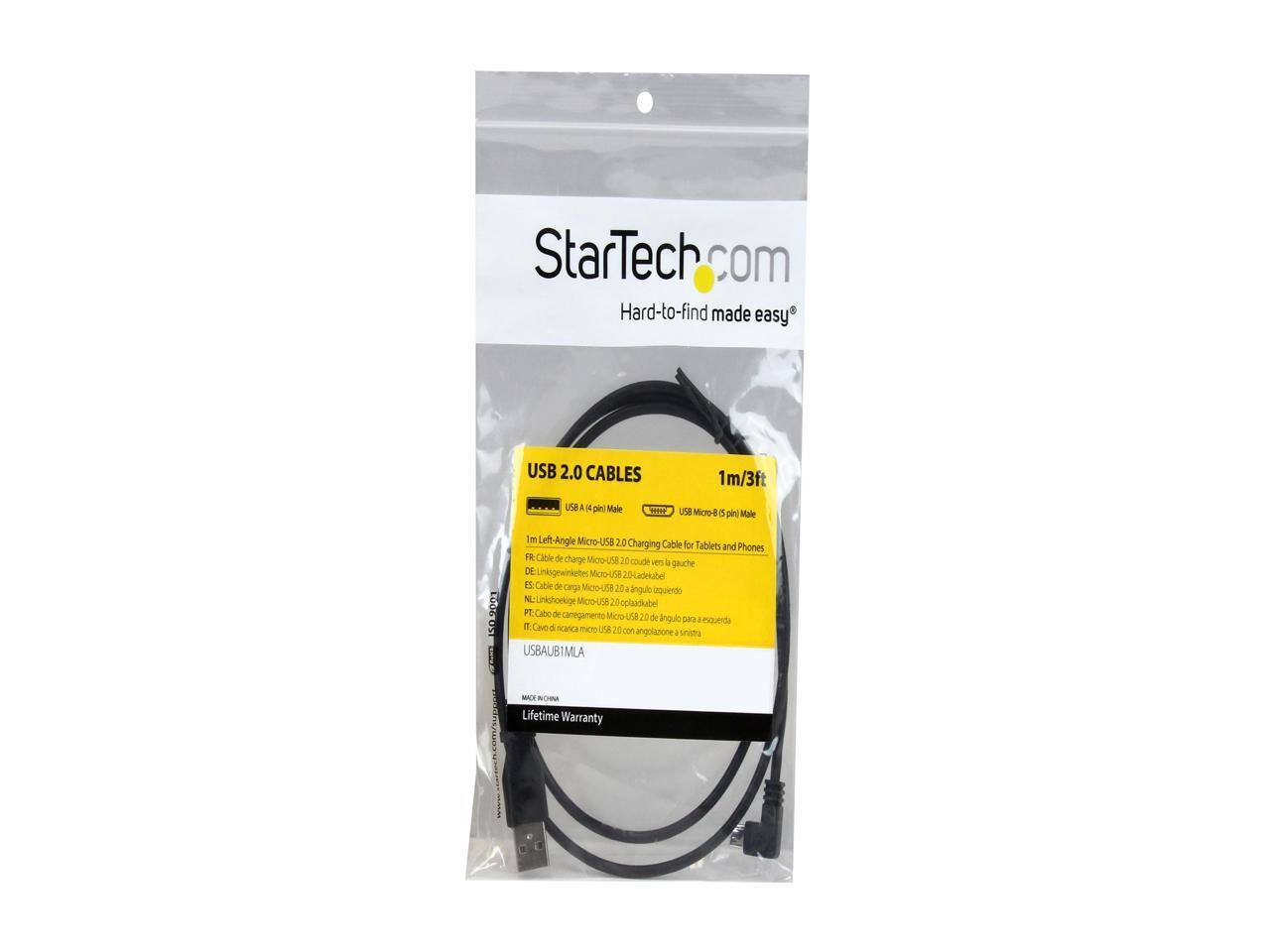 StarTech.com  
Hard-to-find made easy  

USB 2.0 CABLES  
1m/3ft  

USB A (4 pin) Male  
USB Micro-B (8 pin) Male  

1m Left-Angle Micro-USB 2.0 Charging Cable for Tablets and Phones  

FR: Cable de charge Micro-USB 2.0 coude ven à gauche  
DE: Linkwinkelkabel Micro-USB 2.0-Ladekabel  
NL: Linkknooptje Micro-USB 2.0 oplaadkabel  
ES: Cable de carga Micro-USB 2.0 con angulo a la izquierda  
PT: Cabo de carregamento Micro-USB 2.0 com ângulo para a esquerda  
IT: Cabo di carica Micro-USB 2.0 con angolo a sinistra  

USBAUBIMLA  

Lifetime Warranty
