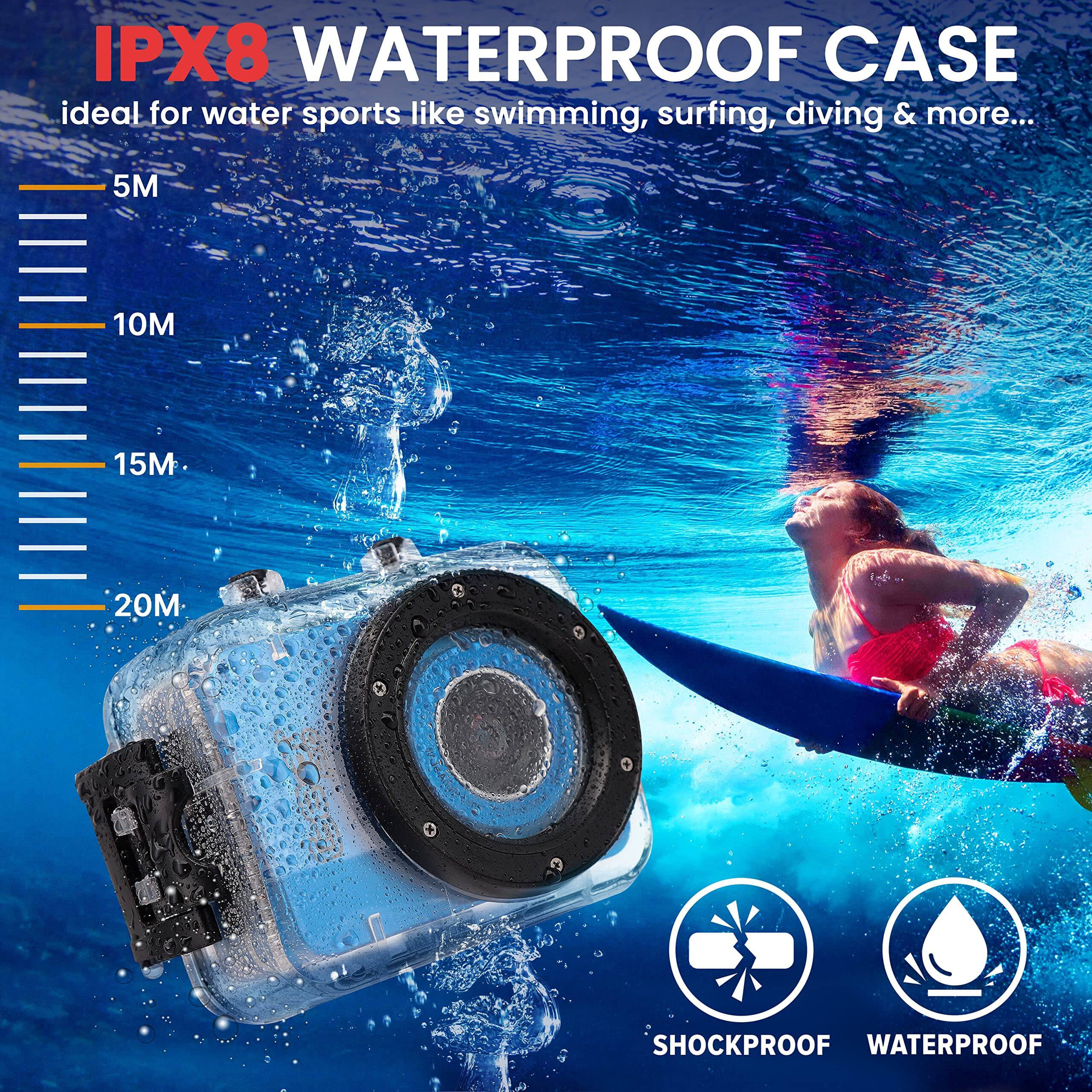 IPX8 WATERPROOF CASE  
ideal for water sports like swimming, surfing, diving & more...  

5M  
10M  
15M  
20M  

SHOCKPROOF  
WATERPROOF