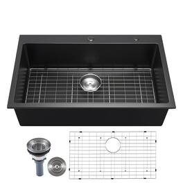VEVOR - 33 inch Kitchen Sink Workstation,Top Mount Granite Sinks,Drop-In Single Bowl Farmhouse Basin with Multiple Accessories - Black