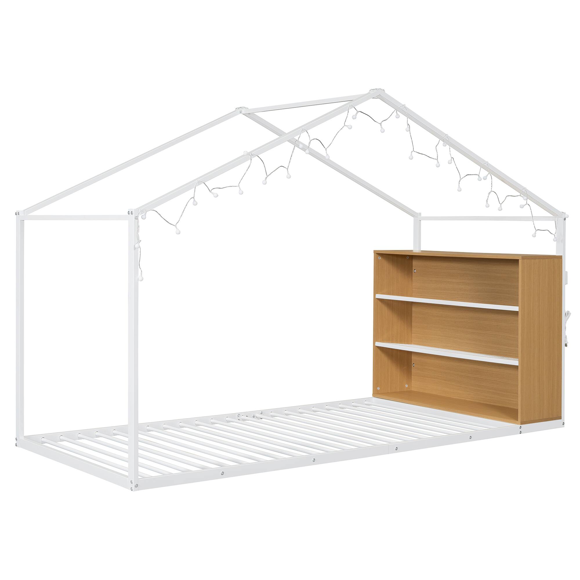 Alt View 1. GOODSILO - Twin Size Metal Bed House Bed Frame with Shelves and Lights - White.