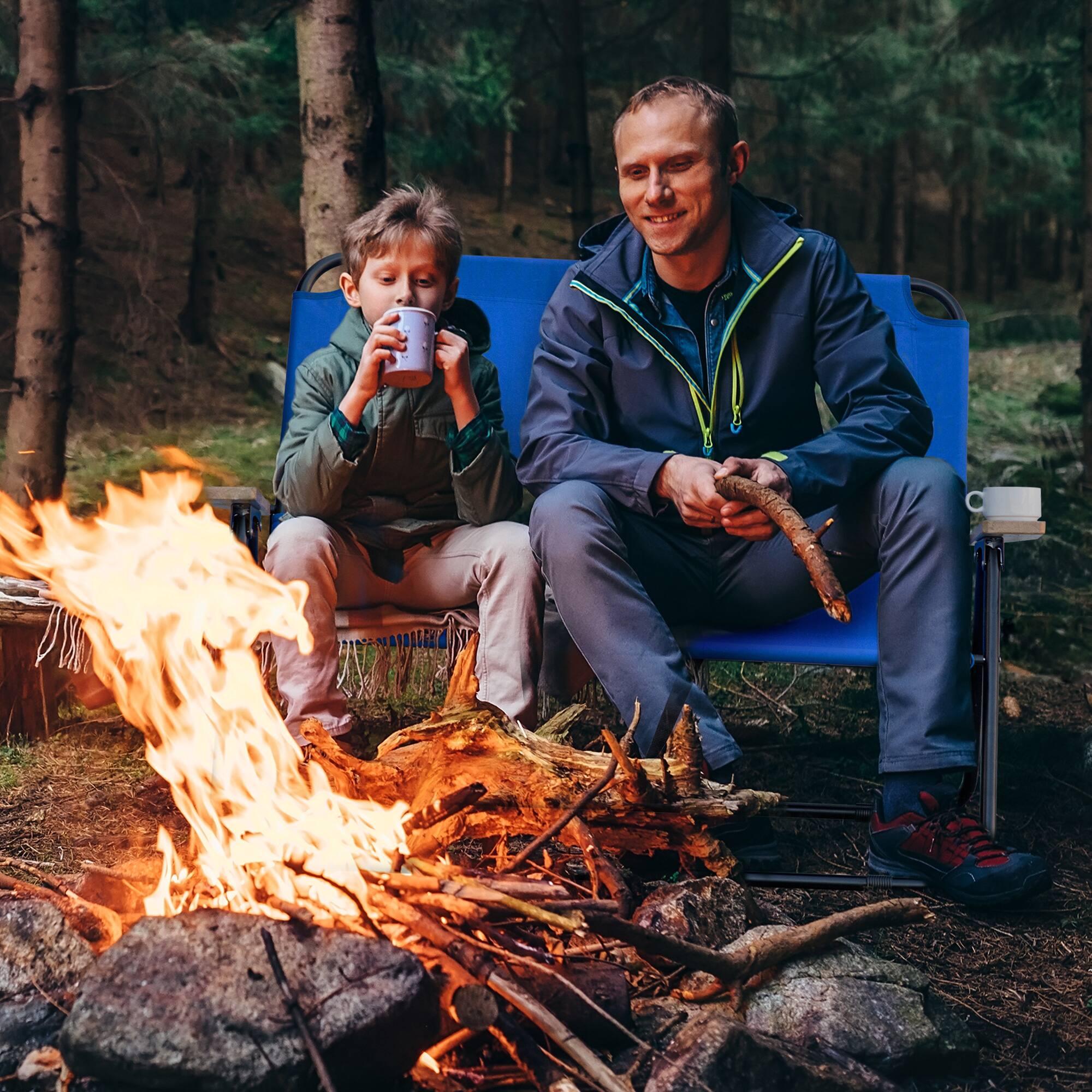 Alt View 1. Outsunny - Double Folding Camping Chair, Loveseat for 2 Adults, Portable Camping Couch with Wood Armrest & Cupholders - Blue.