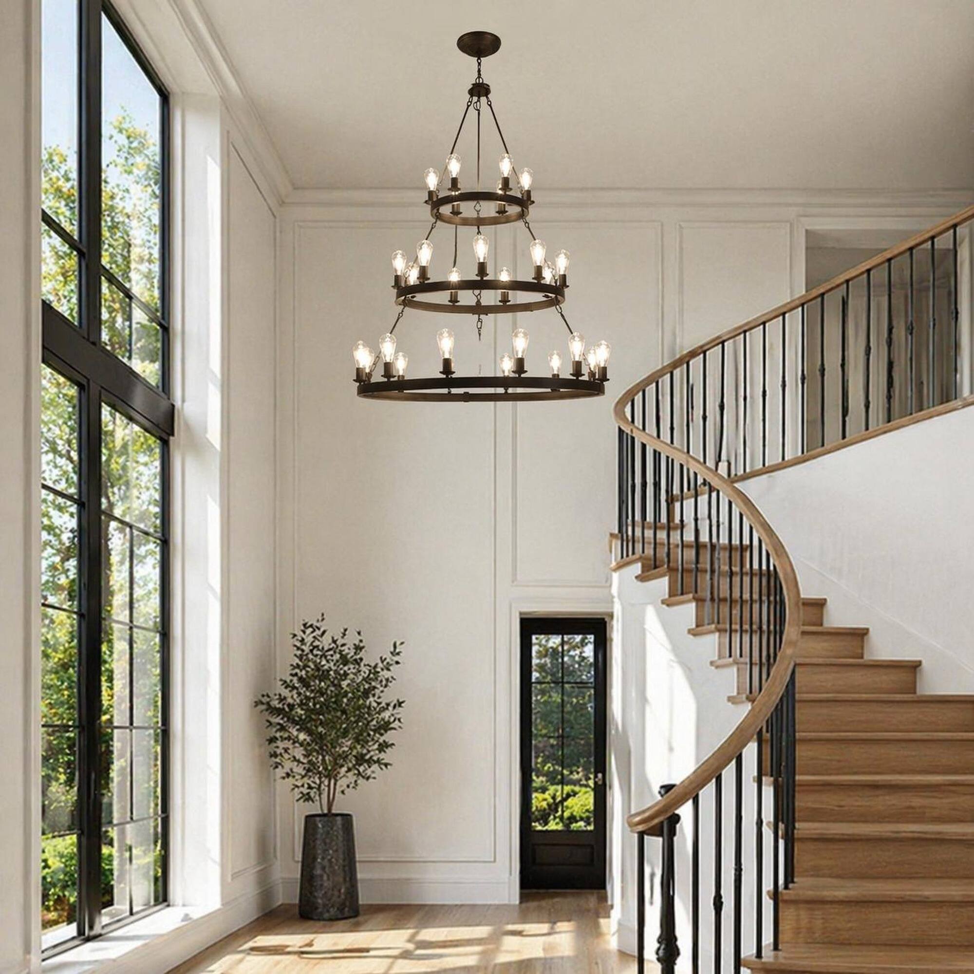 Left. RYHNUYNE - 45-Inch Black 3-Tier Industrial Pendant Light with 27 Sockets, Adjustable Chain, for Dining Room, Living Room.