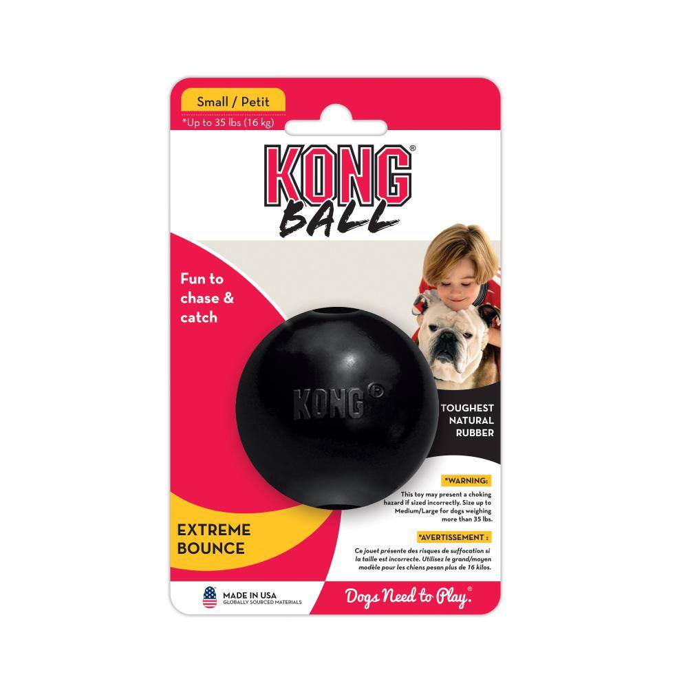 Small / Petit *Up to 35 lbs (16 kg) KONG BALL  
Fun to chase & catch  
KONG'  
TOUGHEST NATURAL RUBBER  
"WARNING:  
EXTREME BOUNCE  
This toy may present a choking hazard if sized incorrectly. Size up to Medium/Large for dogs weighing more than 35 lbs. "AVERTISSEMENT: Ce jouet présente des risques de suffocation si la taille est incorrecte. Utilisez le grand/moyen modèle pour les chiens pesant plus de 16 kilos.  
MADE IN USA GLOBALLY SOURCED MATERIALS  
Dogs Need to Play.