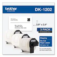 brother
at your side
DK-1202
ABC Company
123 Chestnut Street
Anytown, USA 00123
Mrs. Jane Doe
123 Main Street
Hometown, USA 12345
3 PACK
BROTHER GENUINE VALUE
Shipping
Die-Cut Paper Labels
300 labels / roll
For use with Brother QL Series Label Printer
3.9" x 2.4"