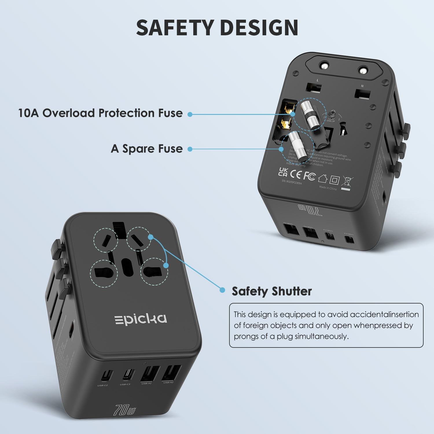Safety Design 10A Overload Protection Fuse A Spare Fuse - c u - -o - - UK CA CE FC -  - China Me Safety Shutter EPicka This design is equipped to avoid accidental insertion of foreign objects and only open when pressed by the prongs of a plug simultaneously. 70w.