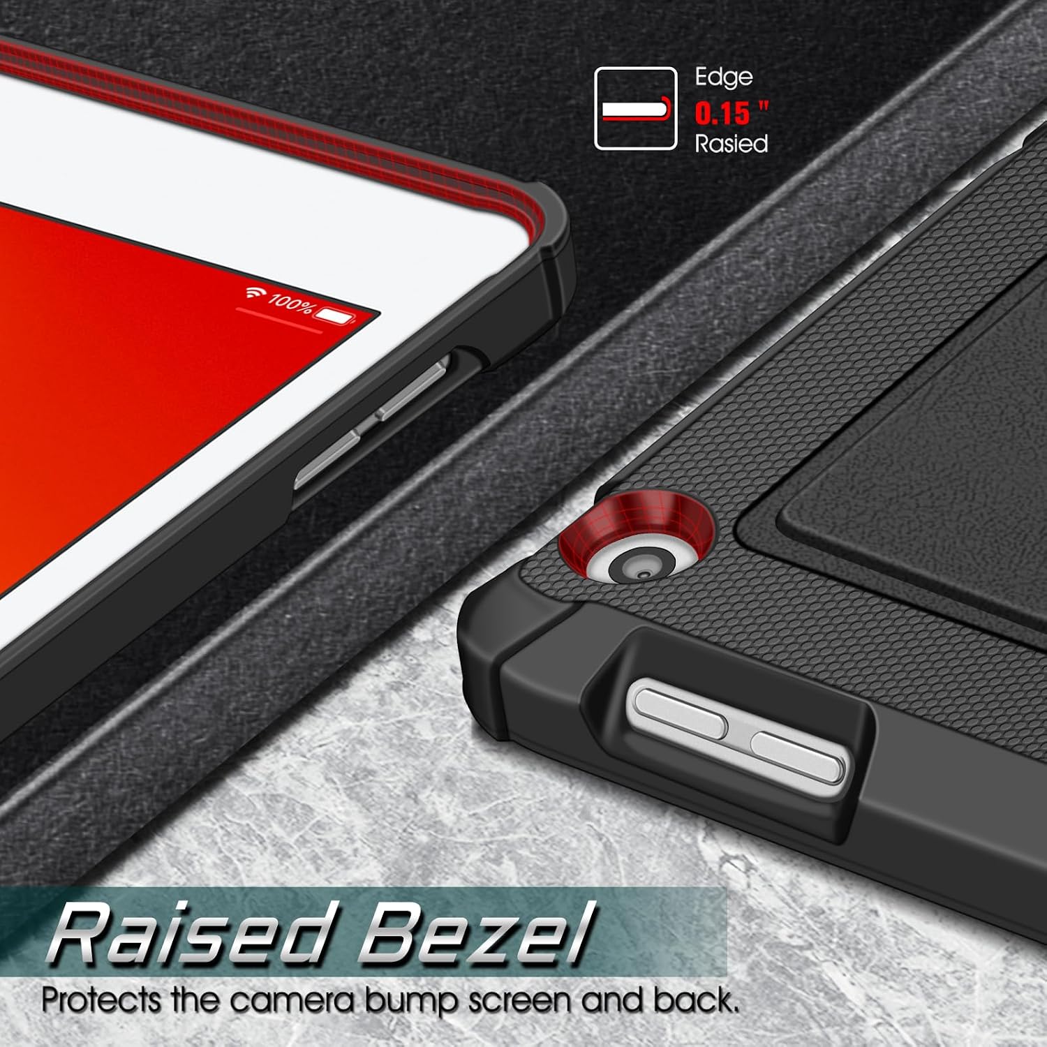 Edge 0.15" Raised  
100%  
Raised Bezel Protects the camera bump screen and back.