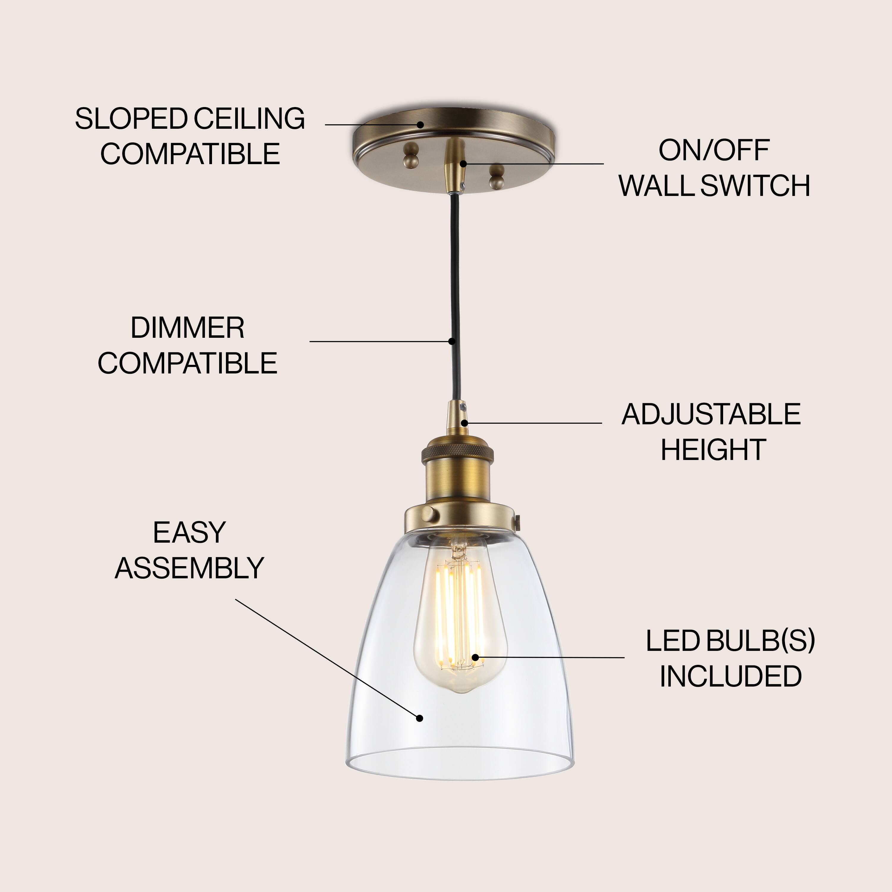 SLOPED CEILING COMPATIBLE  
ON/OFF WALL SWITCH  
DIMMER COMPATIBLE  
ADJUSTABLE HEIGHT  
EASY ASSEMBLY  
LED BULB(S) INCLUDED
