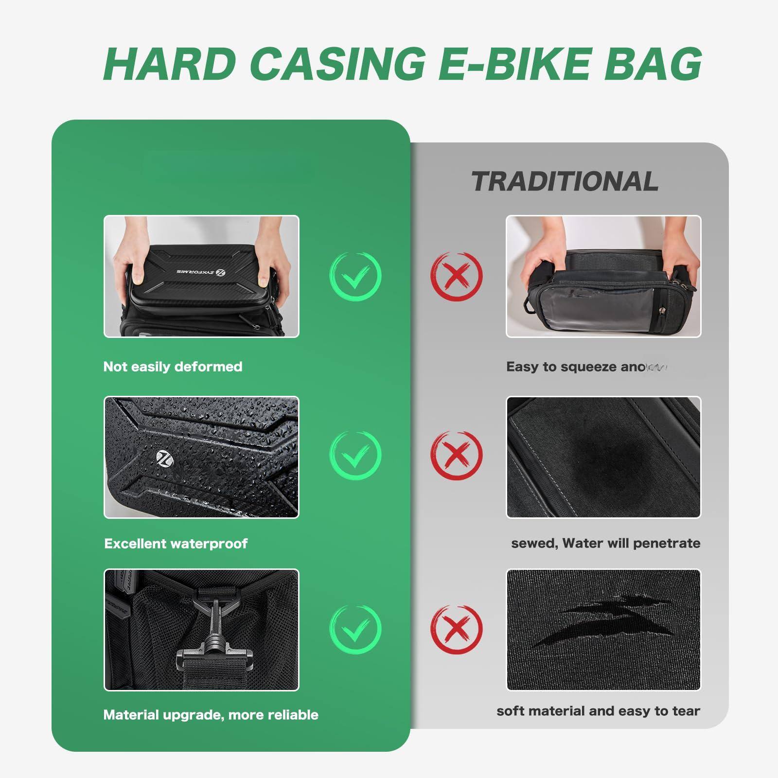 HARD CASING E-BIKE BAG

- Not easily deformed
- Excellent waterproof
- Material upgrade, more reliable

TRADITIONAL

- Easy to squeeze
- Sewed, Water will penetrate
- Soft material and easy to tear