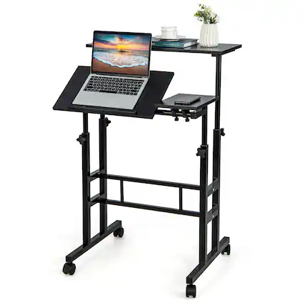 Front. Costway - Costway Mobile Stand up Computer Desk Rolling Standing Laptop Cart Black - Black.