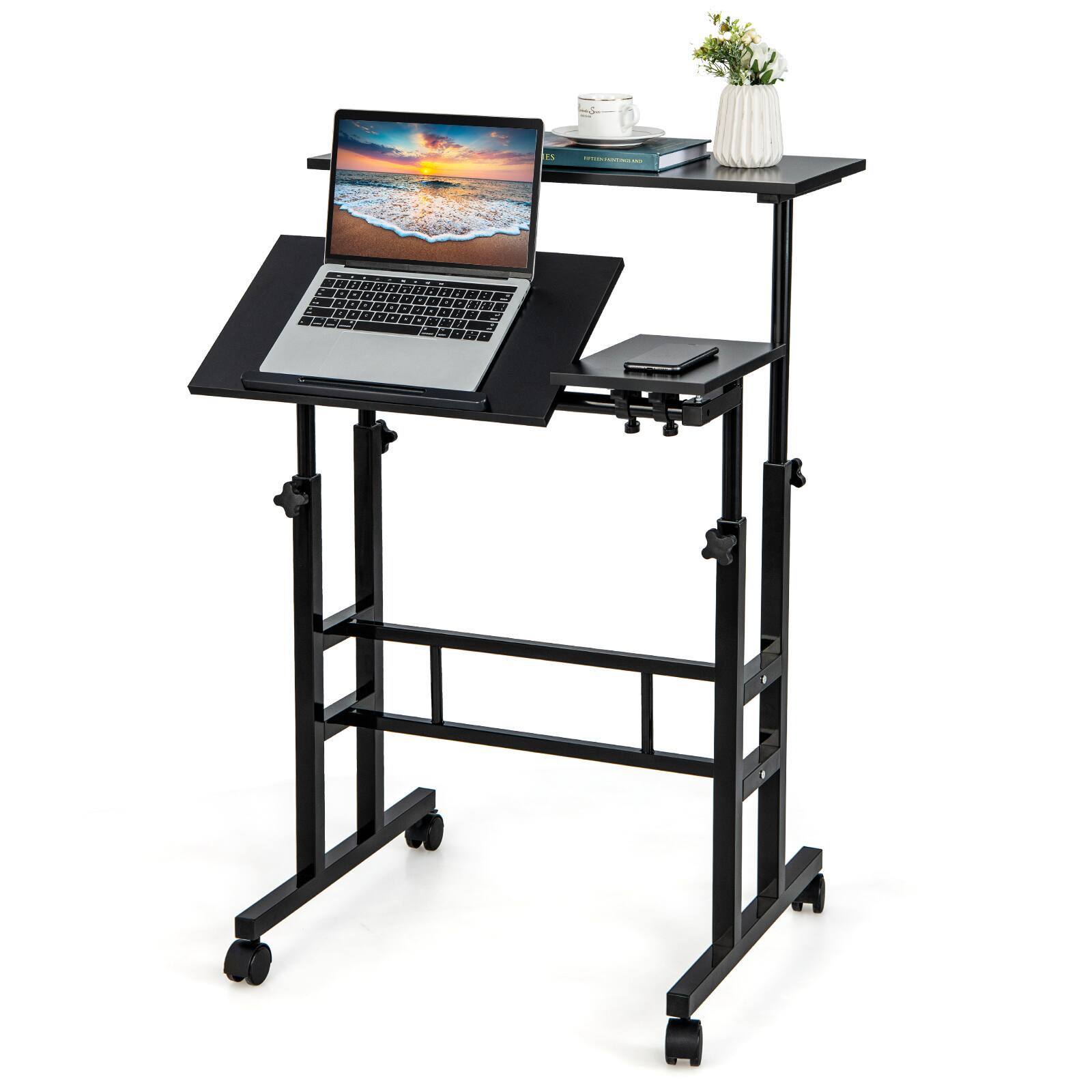 Costway - Mobile Stand up Computer Desk Rolling Standing Laptop Cart - Black
