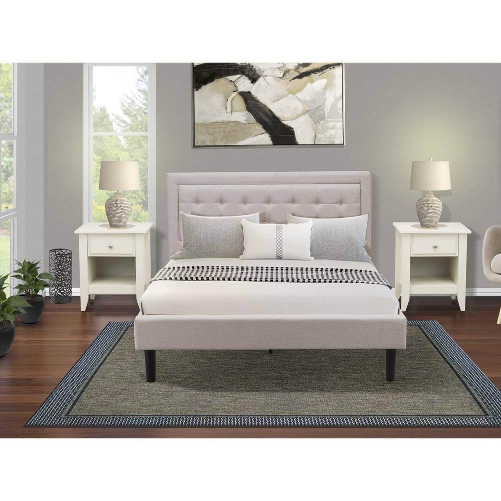 Alt View 4. East West Furniture - FN08Q-2GA0C 3-Piece Fannin Bedroom Furniture Set with 1 Queen Size Bed and 2 Mid Century Nightstands - Mist Beige Linen - Mist Beige.
