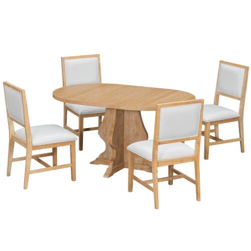Alt View 3. LUCKY ONE - 5-Piece Farmhouse Dining Set with 58.2" Extendable Dining Table and 4 Upholstered Chairs - Wood.