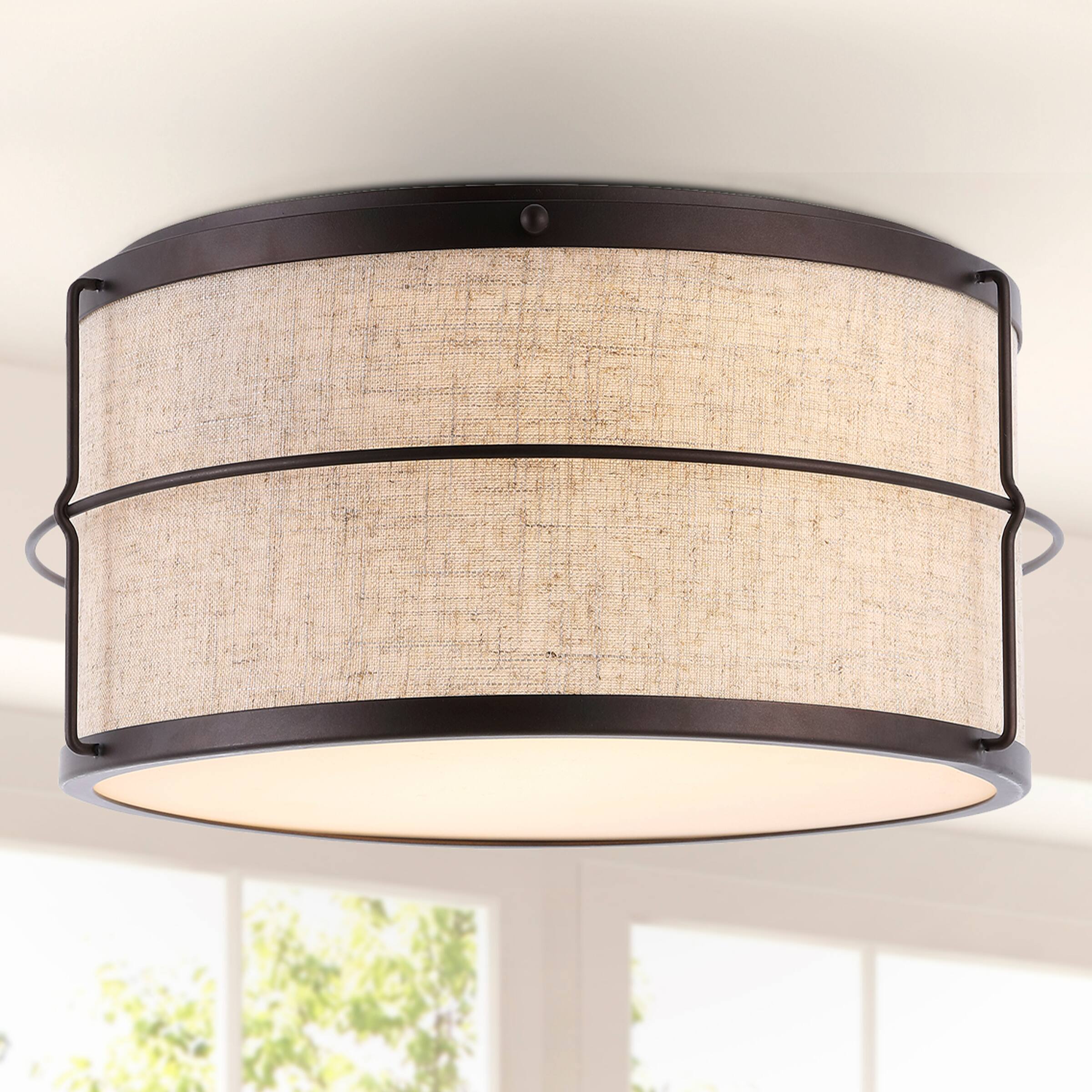 Alt View 1. Jonathan Y - Evan 14" 2-Light Rustic Farmhouse Iron LED Flush Mount, Oil Rubbed Bronze - Light Brown/Oil Rubbed Bronze.