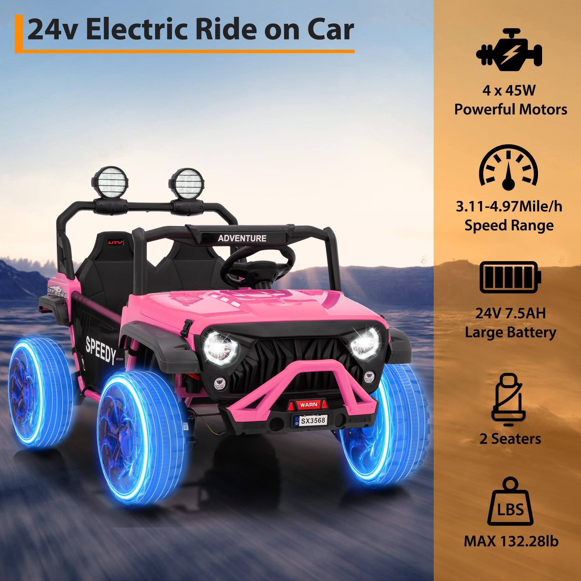 GARVEE - 24V Ride on Truck Car with Remote Control, 3 Seater for Kids, Electric Vehicles - Pink