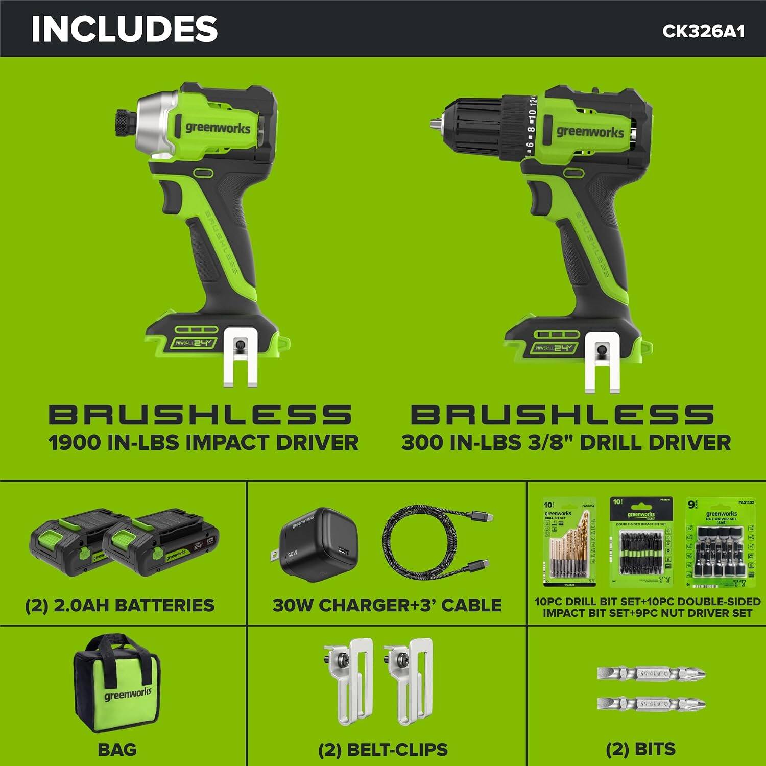 INCLUDES  
CK326A1  
greenworks  
BRUSHLESS 1900 IN-LBS IMPACT DRIVER  
BRUSHLESS 300 IN-LBS 3/8" DRILL DRIVER  
(2) 2.0AH BATTERIES  
30W CHARGER+3' CABLE  
10PC DRILL BIT SET+10PC DOUBLE-SIDED IMPACT BIT SET+9PC NUT DRIVER SET  
greenworks BAG  
(2) BELT-CLIPS  
(2) BITS