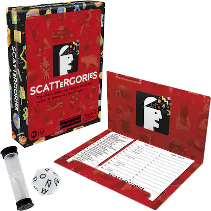 SCATTERGORIES
The classic quick-wit categories game!
Le jeu de catégories frenétique!
A PECSOING
Hasbro) Grmpans
PLASTIC/ET PLASTIQUE
Your SAN OMBALLADE - 13+
A - RT 1 - L88 - - - a - - C - ot uvare - - - - NE a - n MOVTR COM . - H - N
MSEIRINE - - I u nma - a Narwhal a - mau A - i HI - AUnReEunont . S DREPAN - n Aapo a Nicker a 12 Z 4 AiR f a A. O IT W M
SCATTERGORIES TWO DNEUX