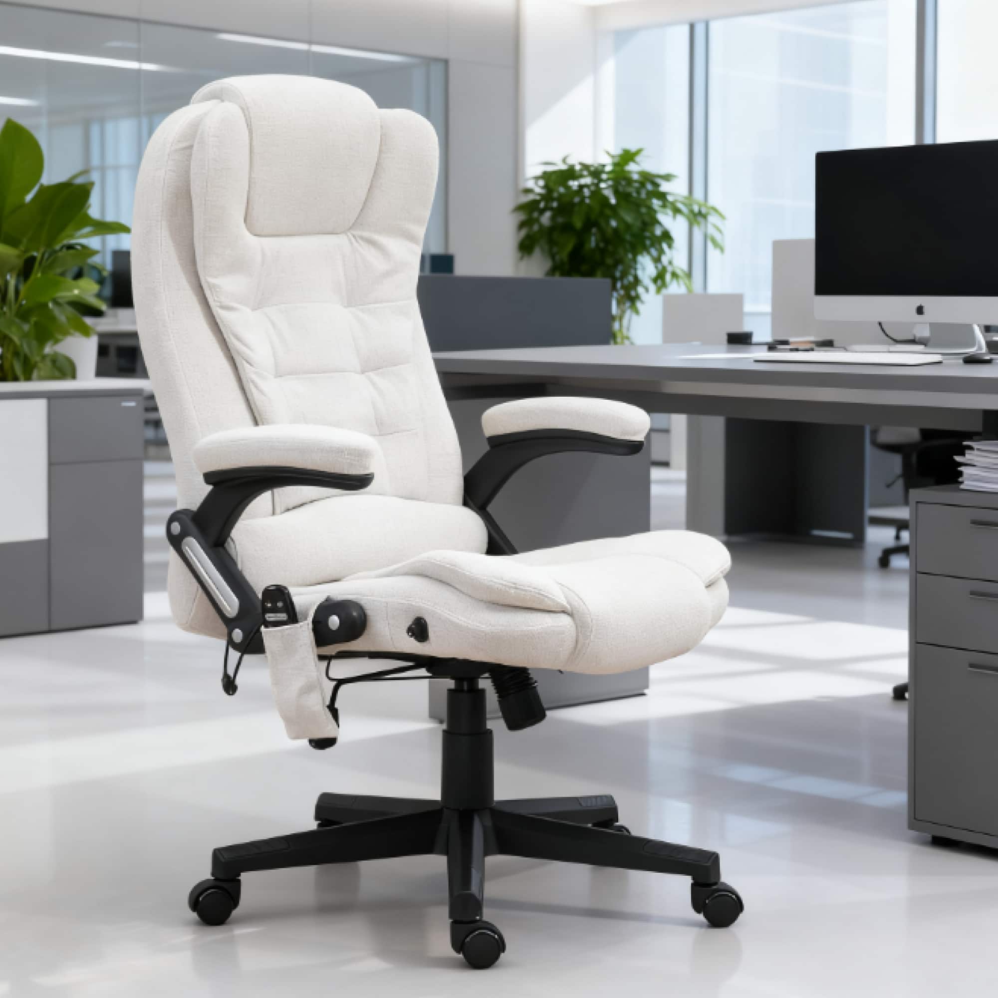 GOODSILO - High-Back Executive Massage Chair with Vibrating Motors and Retractable Footrest for Office and Home Use - Cream White
