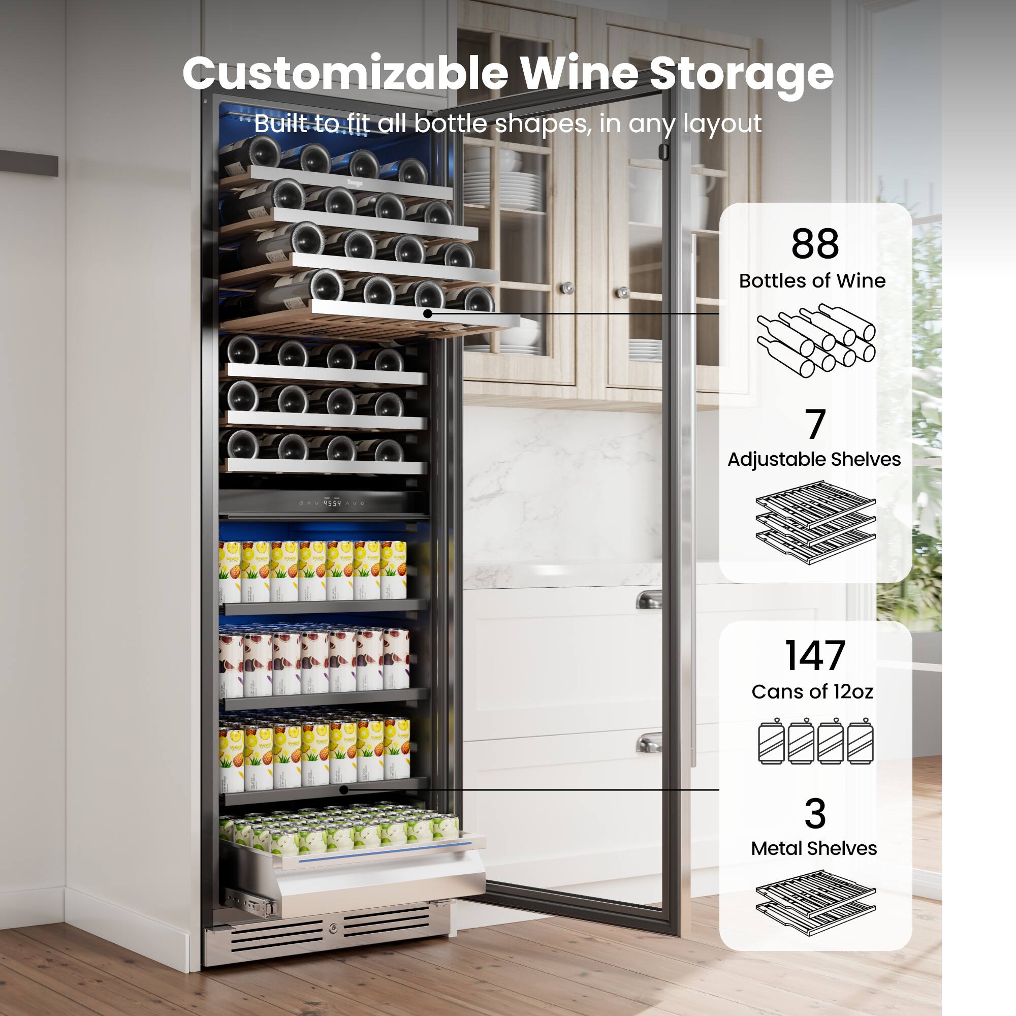 Customizable Wine Storage  
Built to fit all bottle shapes, in any layout  

88 Bottles of Wine  
7 Adjustable Shelves  
147 Cans of 12oz  
3 Metal Shelves