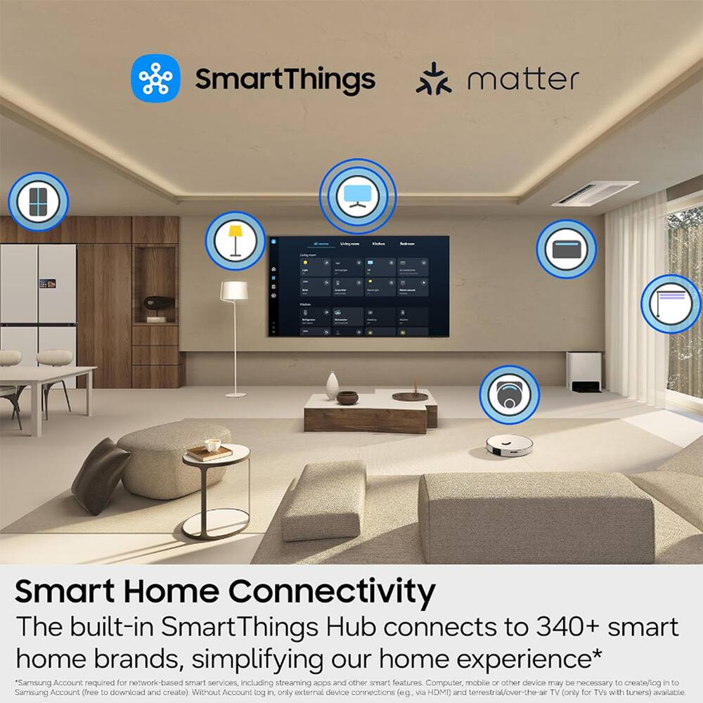 SmartThings  
matter  
Eldegreen  
Kicken  
Boloon  
-  
.  
:  
0  
Stite  
WEIN  
Fishin  
.  
Smart Home Connectivity  
The built-in SmartThings Hub connects to 340+ smart home brands, simplifying our home experience*  
*Samsung Account required for network-based smart services, including streaming apps and other smart features. Computer, mobile or other device may be necessary to create/log in to Samsung Account (free to download and create)  
Without Account log in, only external device connections (eg, via HDMI) and terrestrial/over-the-air TV (only for TVs with tuners) available
