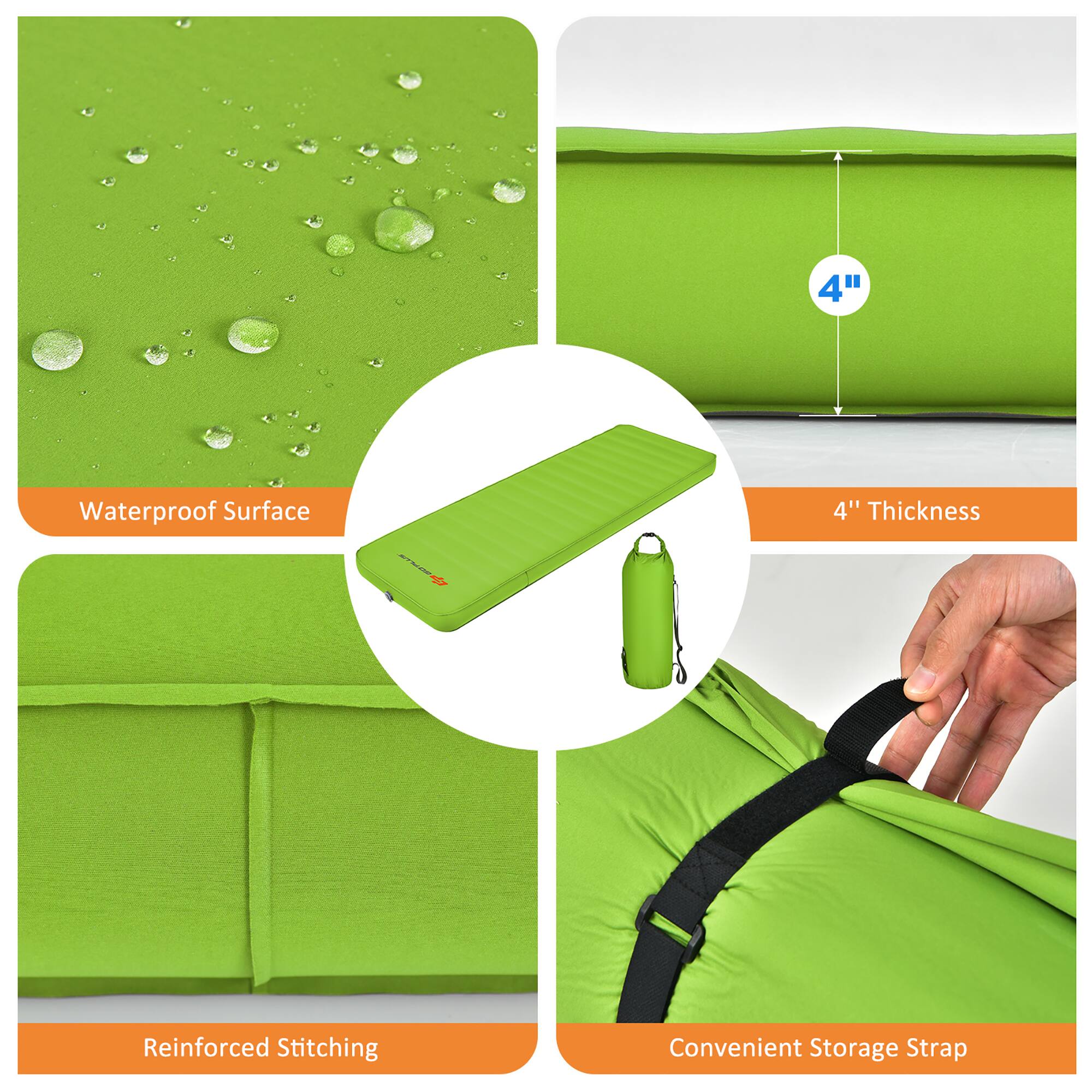 - Waterproof Surface
- 4" Thickness
- Reinforced Stitching
- Convenient Storage Strap