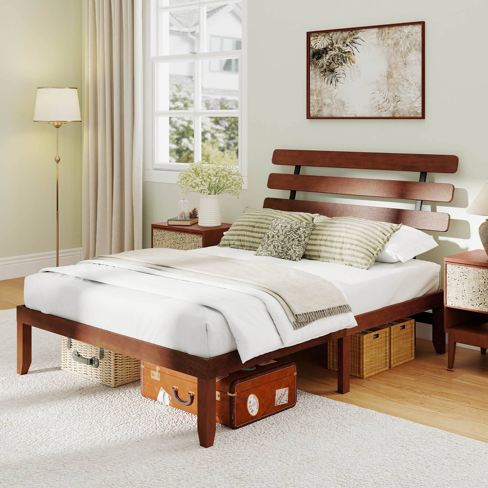 Alt View 1. Costway - Costway 15.5 Inch Queen Size Bed Frame with Retro Headboard &Under-Bed Storage Space - Walnut.