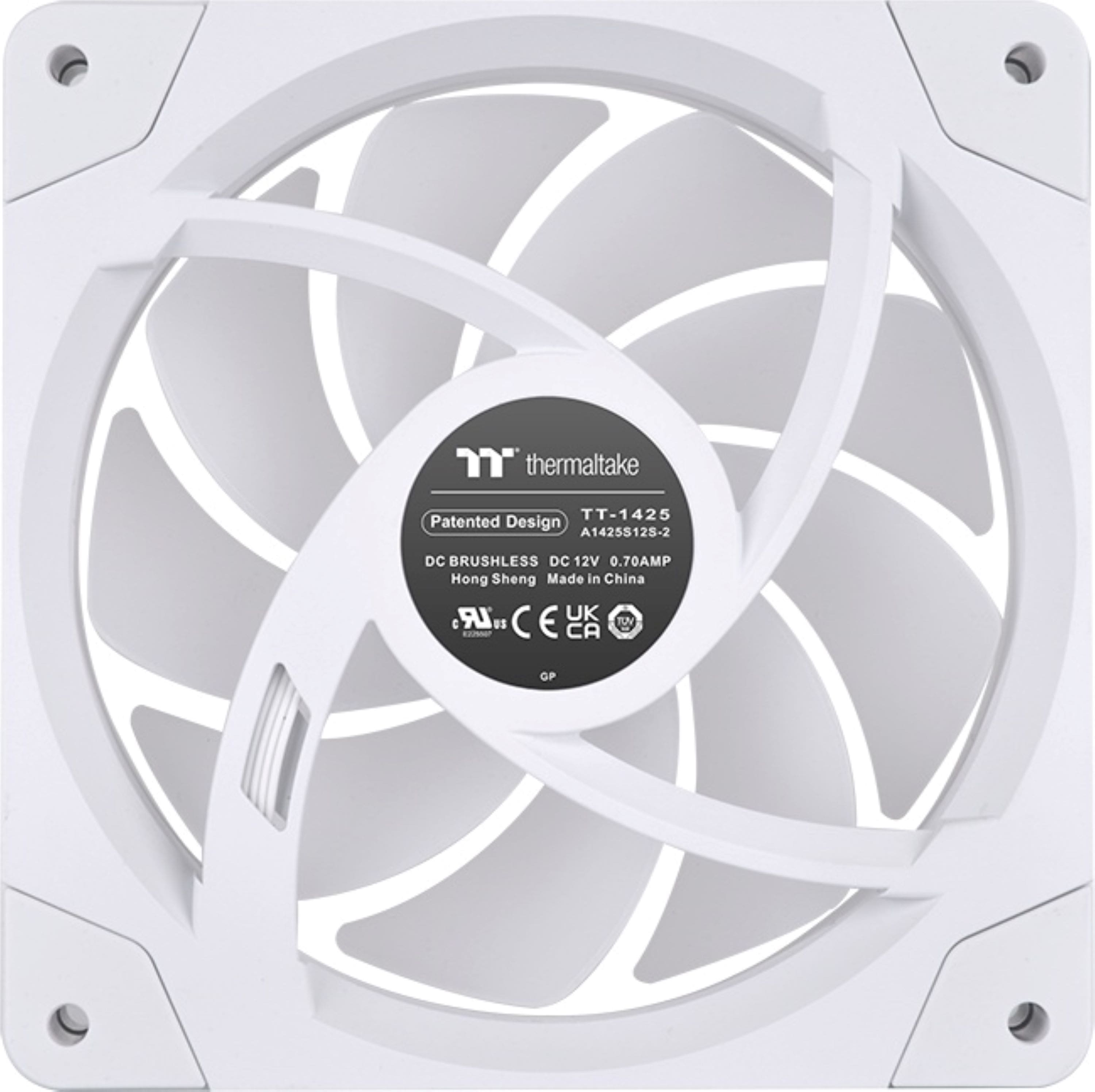 The text on the image reads: "Thermaltake TT-1425 Patented Design A14255128-2 DC BRUSHLESS DC 12V 0.70AMP Hong Sheng Made in China."
