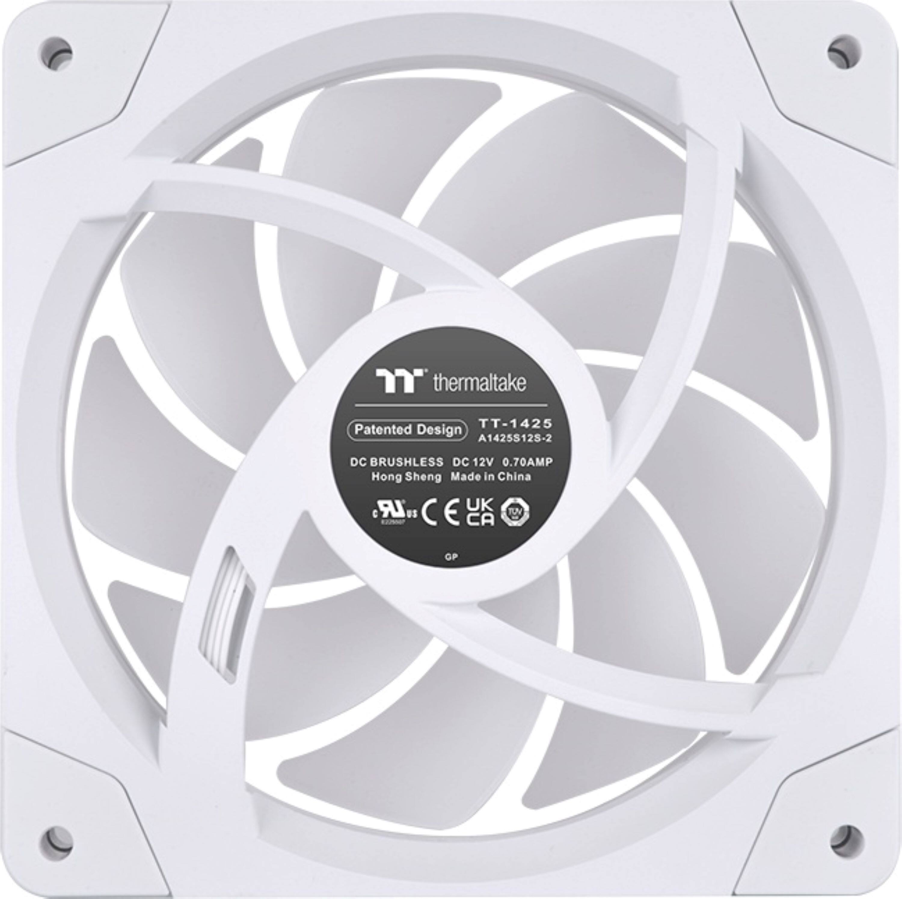 The text on the image reads: "Thermaltake TT-1425 Patented Design A14255128-2 DC BRUSHLESS DC 12V 0.70AMP Hong Sheng Made in China."