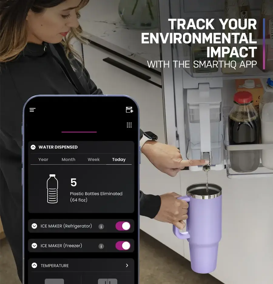 Track Your Environmental Impact with the SmartHQ App:

Water Dispensed:
Year, Month, Week, Today
5 Plastic Bottles Eliminated (64 floz)

Ice Maker (Refrigerator):
Ice Maker (Freezer):
Temperature