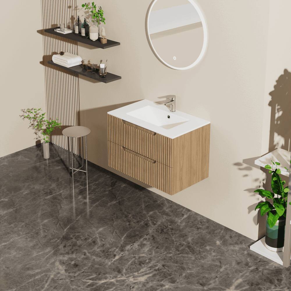 Back. Kadyn - 30" Wall-Mounted Floating Bathroom Vanity Cabinet - Sink Combo, Soft-Close System, 2 Extra Big Drawers, Walnut - Brown.