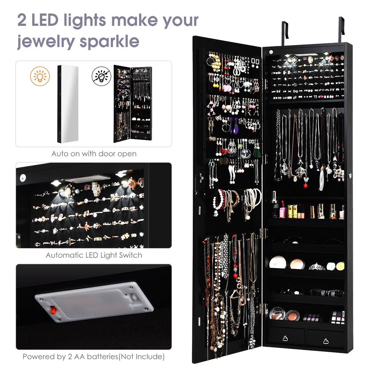 The image features a jewelry box with a variety of necklaces and earrings displayed inside. The box is designed to make the jewelry sparkle with the help of two LED lights, which are turned on when the door is open. The box is powered by two AA batteries, which are not included in the image. The jewelry box is an attractive storage solution for keeping your jewelry organized and protected.