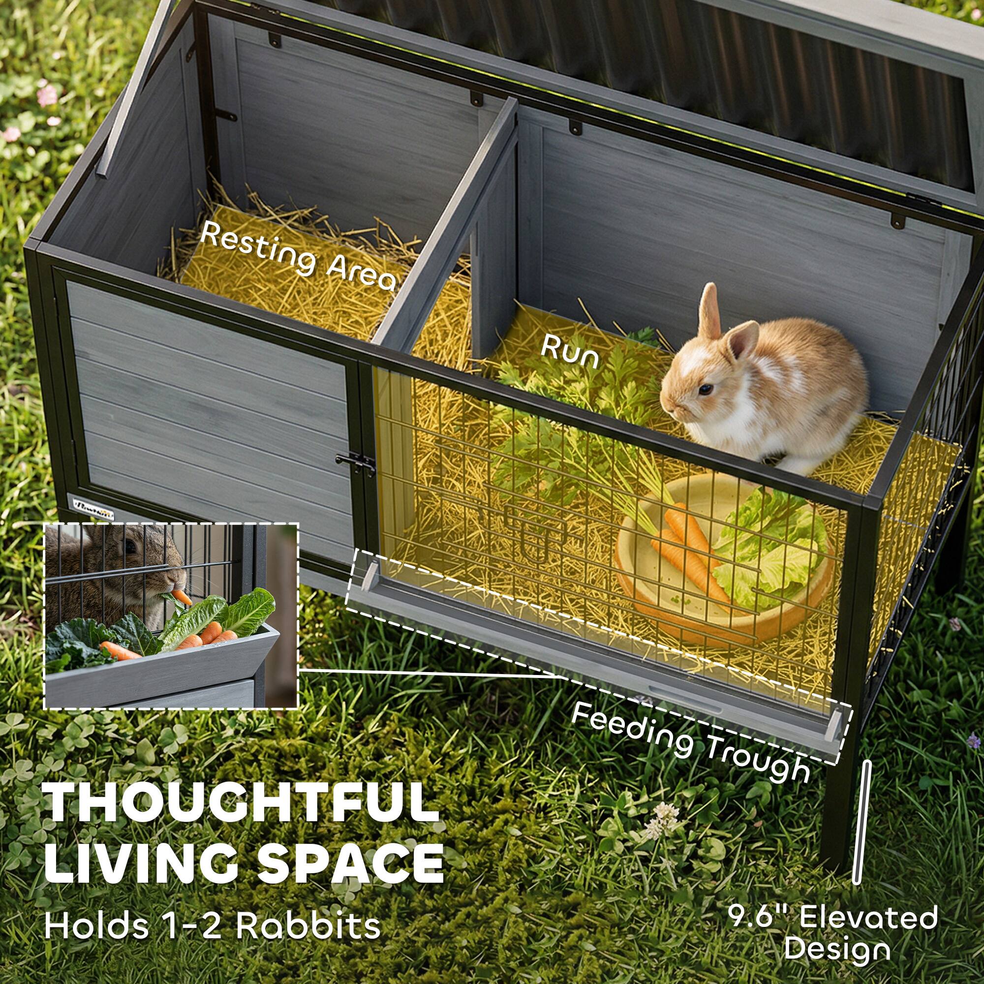 Resting Area  
Run  
Feeding Trough  

THOUGHTFUL LIVING SPACE  
Holds 1-2 Rabbits  

9.6" Elevated Design