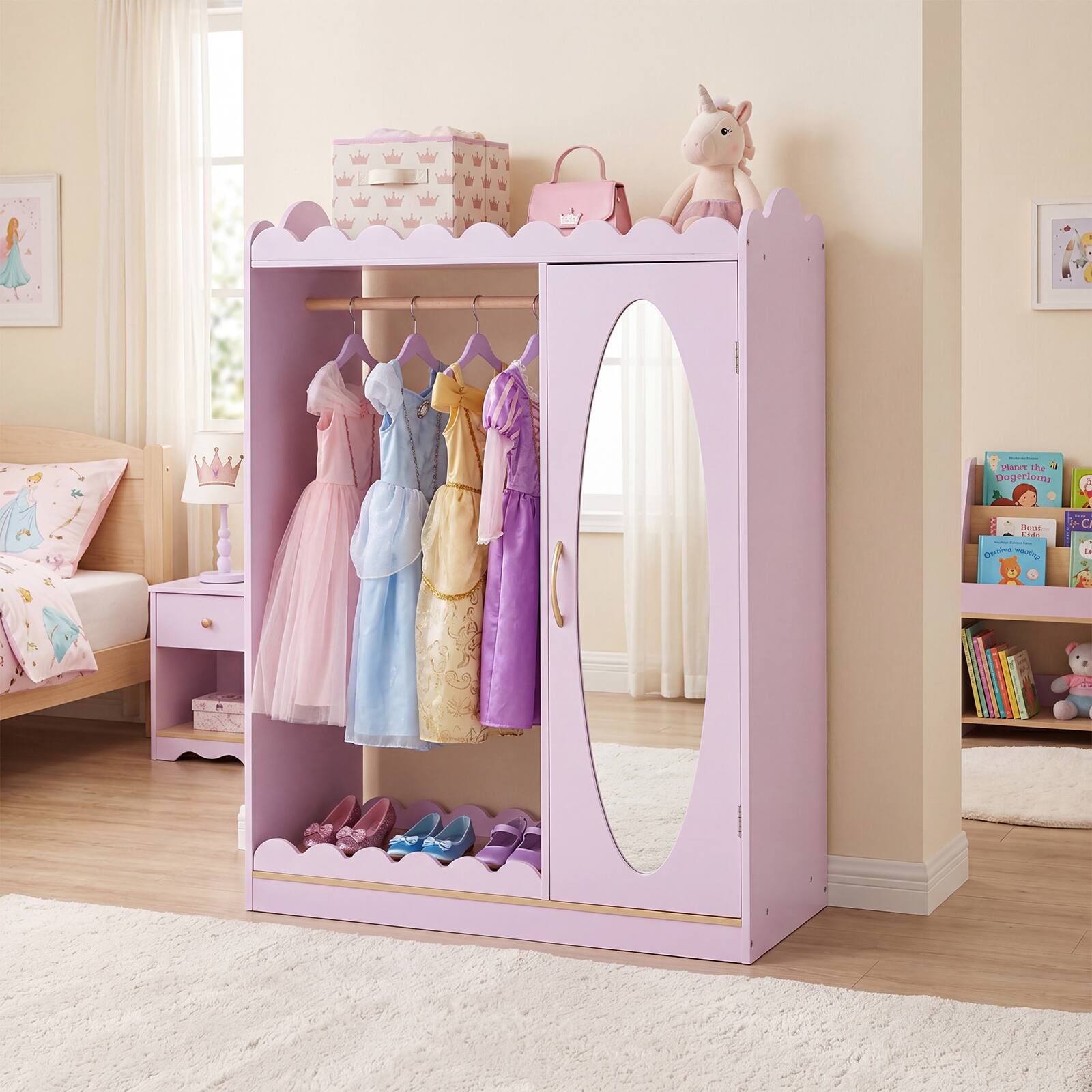Costway - Kids Dress Up Storage with Full Length Mirror, Single Door Cabinet, Hanging Rod - Pink