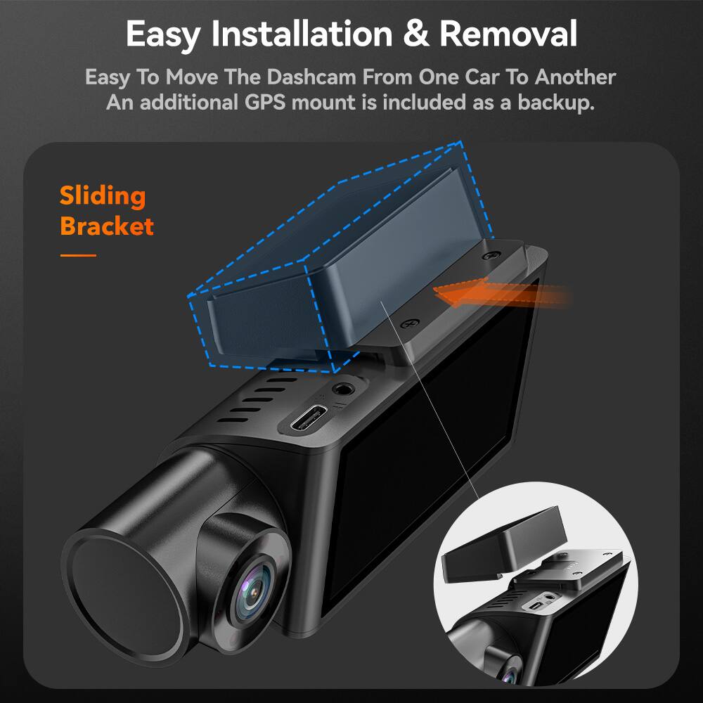 Easy Installation & Removal  
Easy To Move The Dashcam From One Car To Another  
An additional GPS mount is included as a backup.  

Sliding Bracket