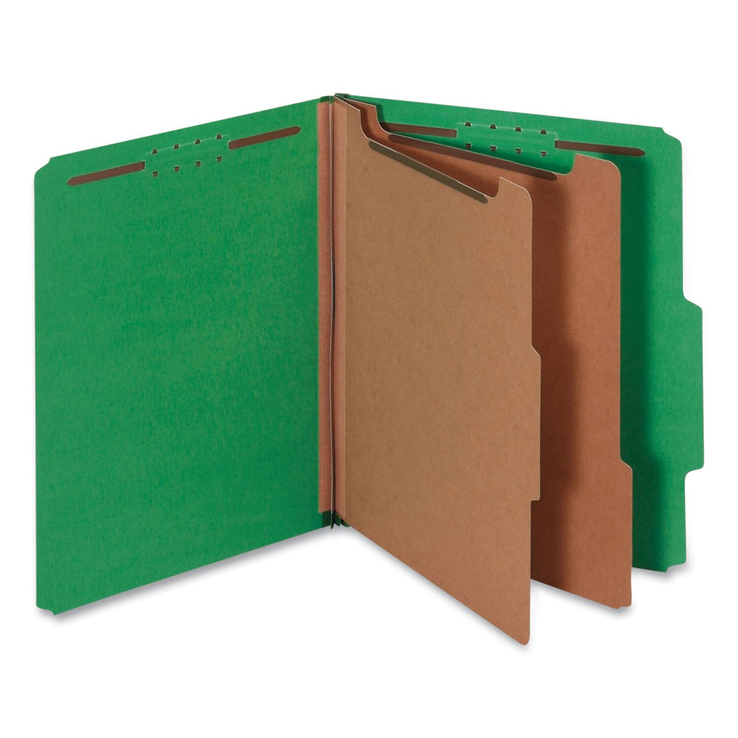 Angle. Universal - Bright Colored Pressboard  Folders, 2" Expansion, 2 Dividers, 6 Fasteners, Letter Size, Emerald Green, 10/Box.