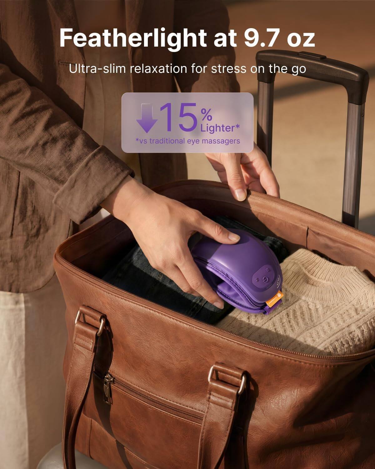 Featherlight at 9.7 oz  
Ultra-slim relaxation for stress on the go  
15% Lighter*  
*vs traditional eye massagers