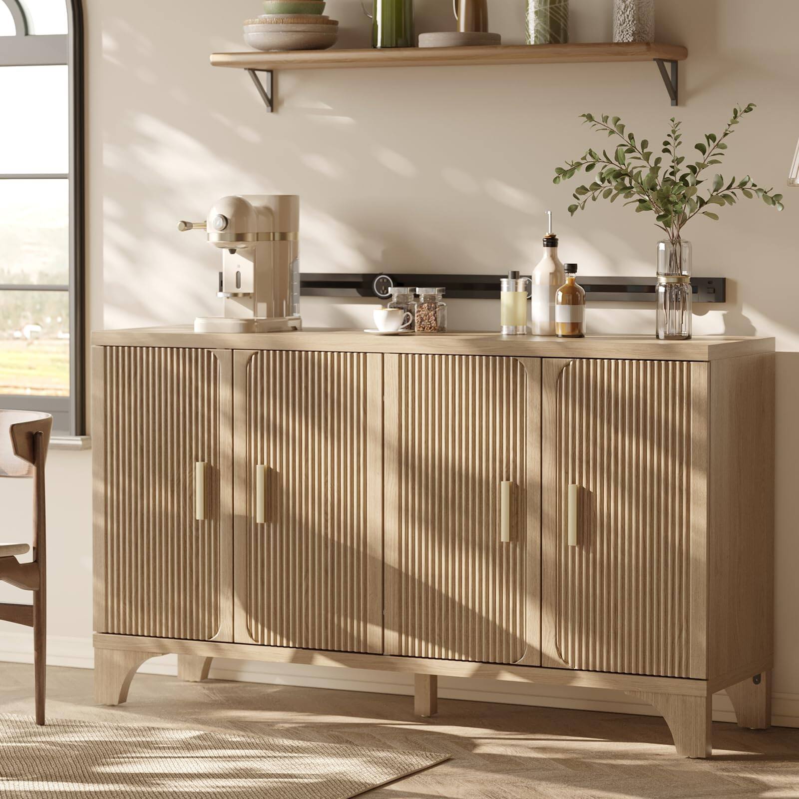 Alt View 5. SKONYON - 55'' Mid-Century Modern Buffet Cabinet with Storage and Fluted Doors, 4-Door Sideboard for Kitchen or Living Room - Oak.