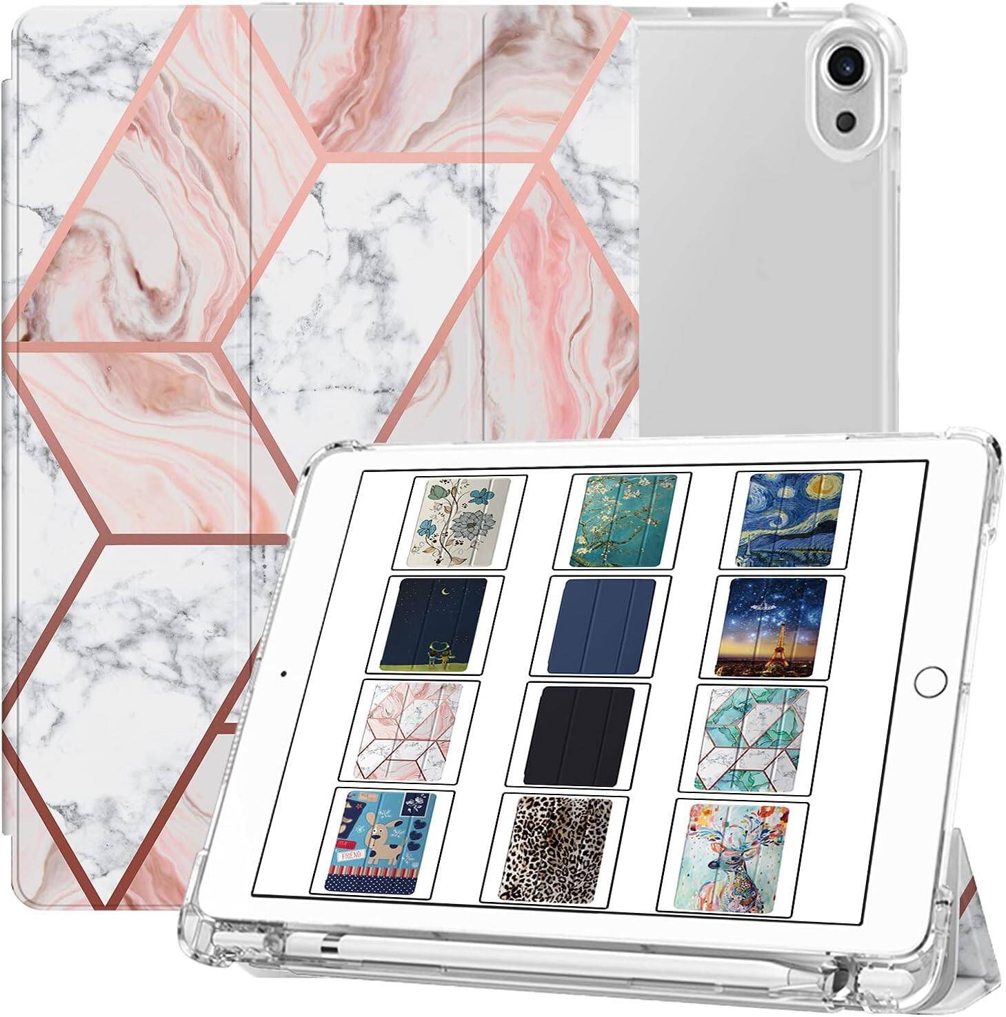Front. DuraSafe Cases - iPad Air 11" M3/M2 & Air 10.9" 5th/4th Gen Slim Clear Pencil-Holder Cover with Auto Sleep/Wake A2316 A2324 A2325 A2072 - Marble Pink.
