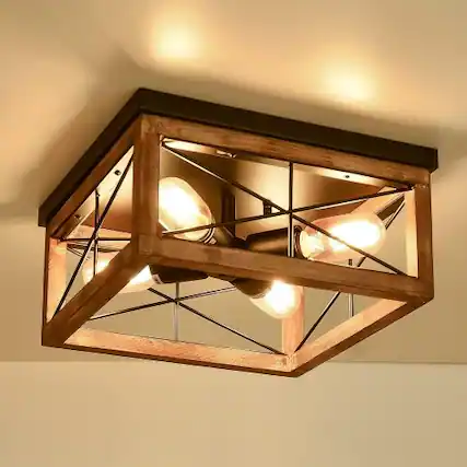 Front. LUCKY ONE - 4-Light Wooden Flush Mount Ceiling Light, Farmhouse Close to Ceiling Fixture for Kitchen Living Room - Wood.