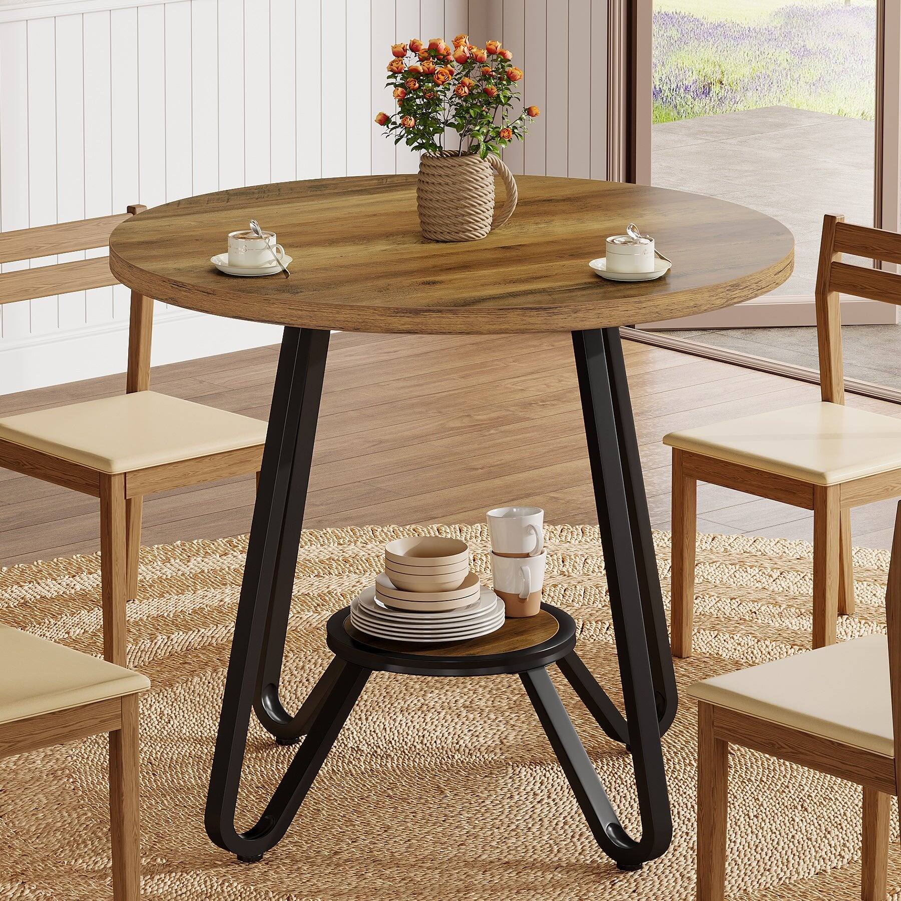 Alt View 2. Tribesigns - Dining Table with Storage Shelves, Adjustable Feet and Space-Saving Design for Dining Room and Kitchen - Brown.
