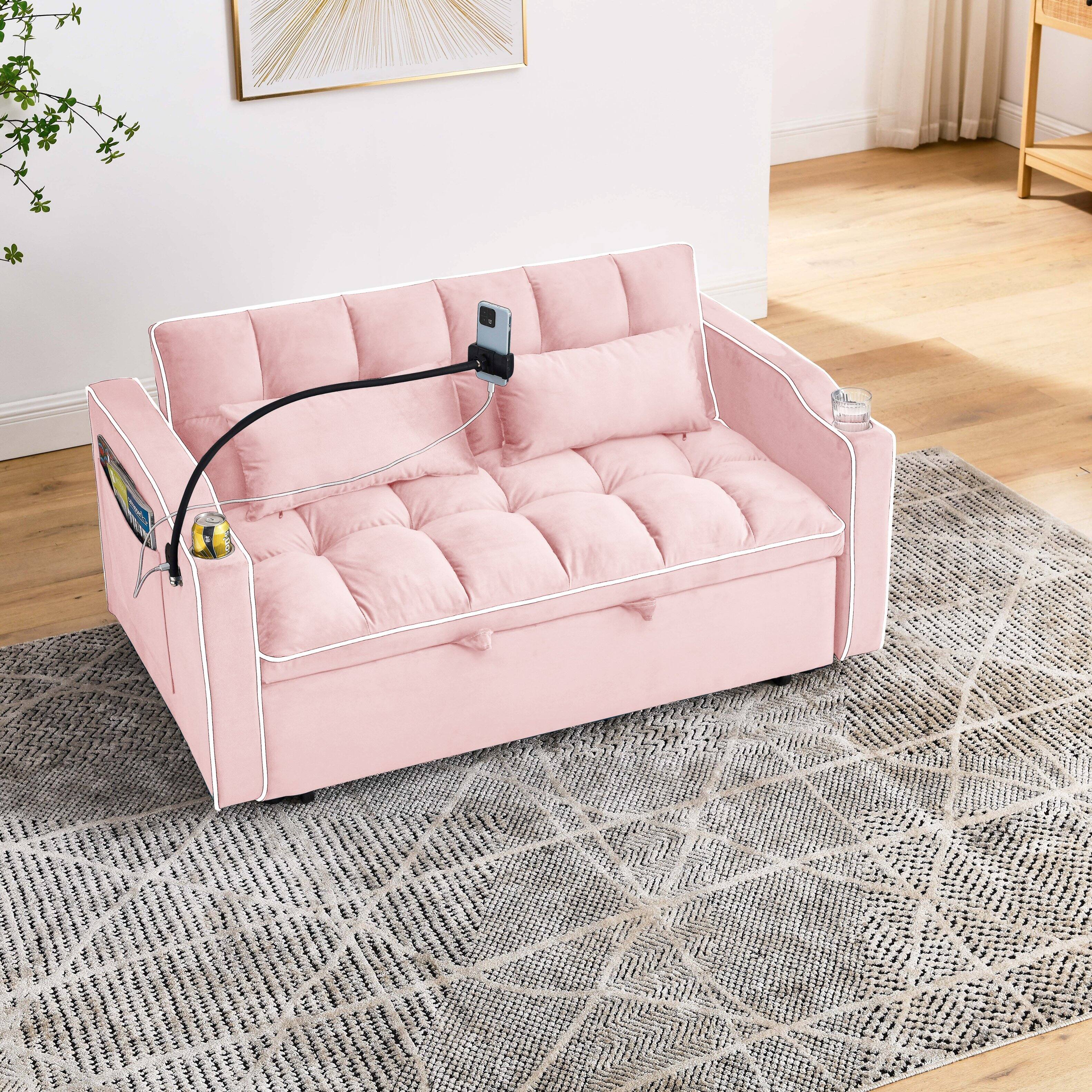 Left. Tiramisubest - Modern Velvet Versatile Foldable Sofa Bed in 3 Lengths,Adjustable Back w/ USB Port,Ashtray & Swivel Phone Stand (Pink) - Baby Pink.