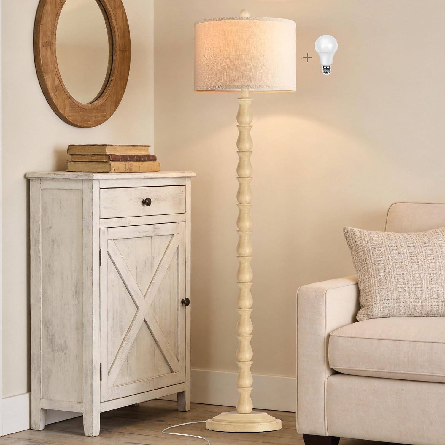 Alt View 4. partphoner - 63.5" Rustic Floor Lamp for Living Room, Farmhouse Floor Lamp with Rotary Switch & Linen Shade - Cream White.