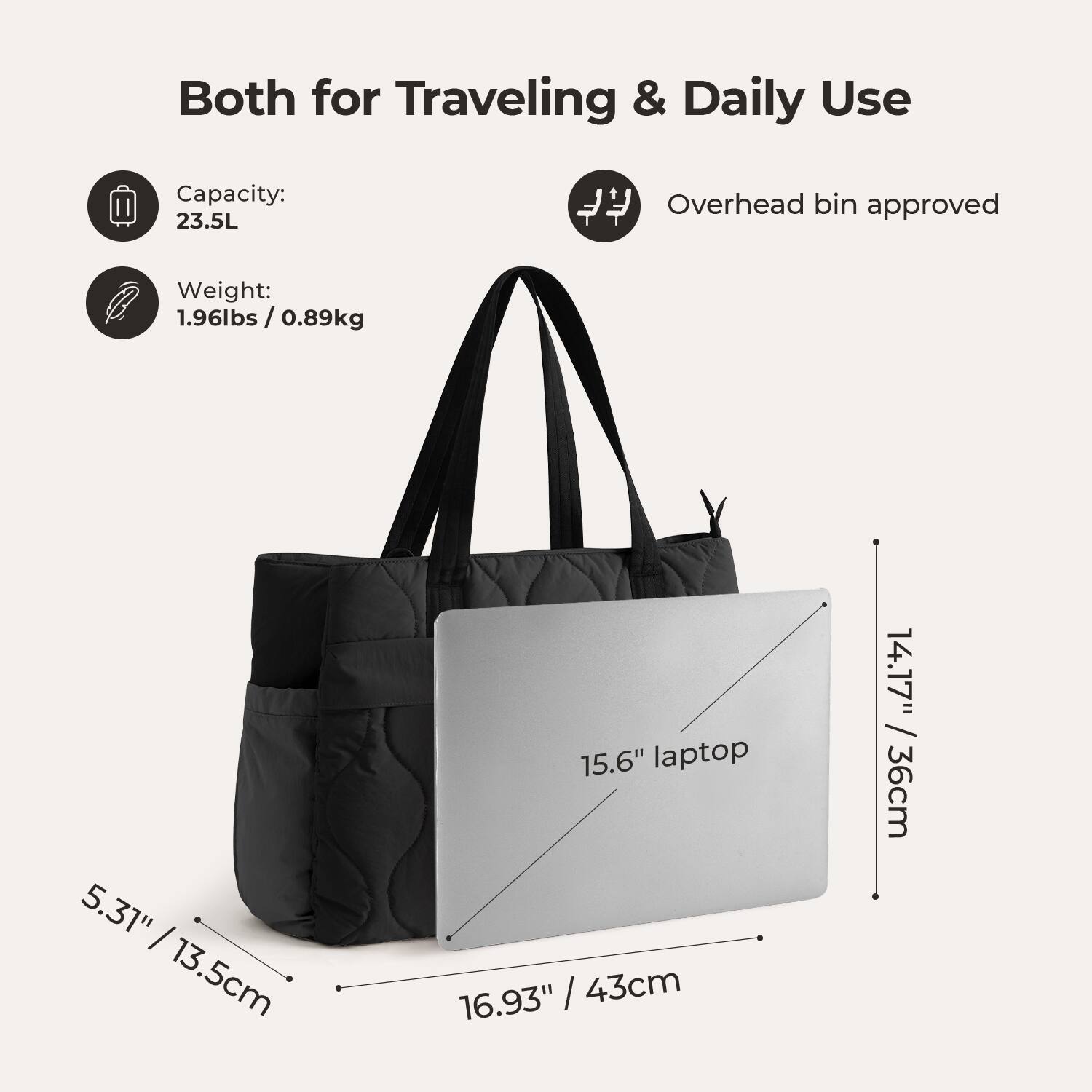 Both for Traveling & Daily Use

Capacity: 23.5L

Overhead bin approved

Weight: 1.96lbs / 0.89kg

5.31" / 13.5cm

15.6" laptop

16.93" / 43cm

14.17" / 36cm