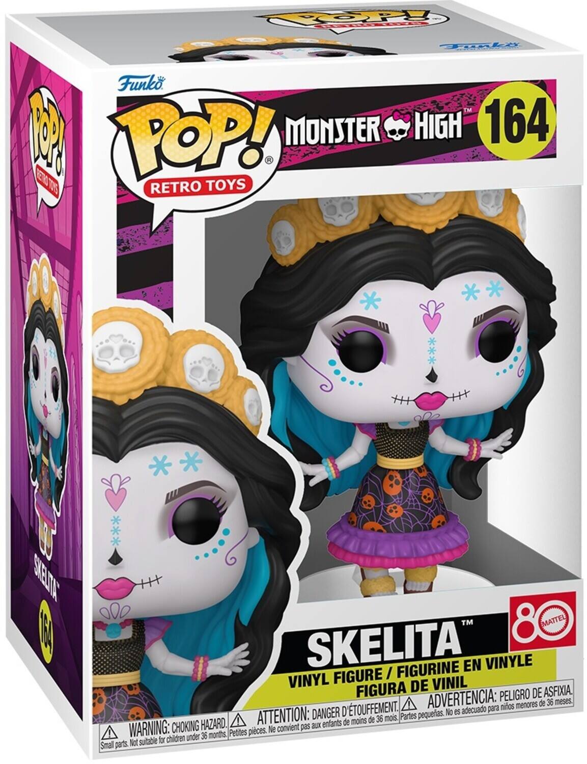 Sure, here is the corrected and grouped text from the image:

---

**Funko POP! RETRO TOYS**

**MONSTER HIGH 164**

**SKELITA**

**VINYL FIGURE / FIGURINE EN VINYLE / FIGURA DE VINIL**

**WARNING: CHOKING HAZARD. Small parts. Not suitable for children under 36 months.**

**ADVERTENCIA: PELIGRO DE ASFIXIA. Piezas pequeñas. No es adecuado para niños menores de 36 meses.**

**ATTENTION: DANGER. Petites pièces. Ne convient pas aux enfants de moins de 36 mois.**

**8 MATTEL**

---

This text includes all the relevant information from the packaging, grouped and corrected for clarity.