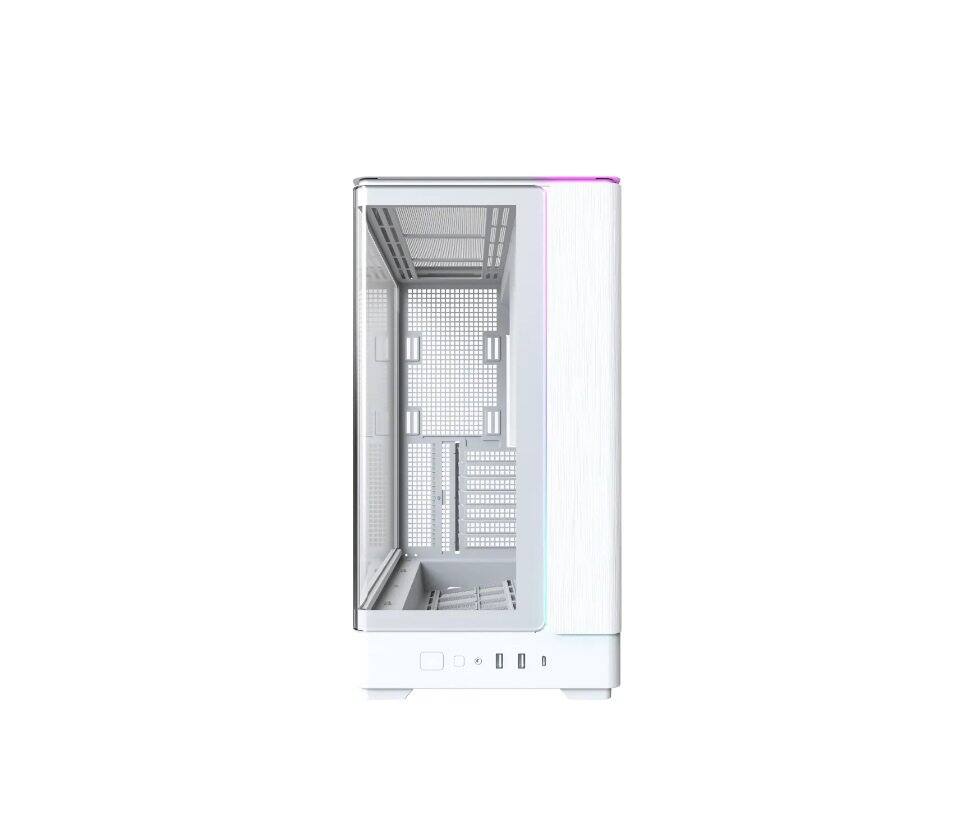 Angle. Montech - KING 45 KING45W ATX PC Case, Curved Panoramic Glass, Chimney Airflow, 360mm Radiator Support - White.