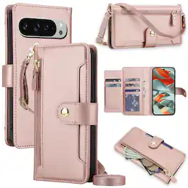 Dteck - Zipper Wallet Case for Google Pixel 9 Pro XL,Detachable Crossbody Flip Faux Leather Card Slots Kickstand Cover+Lanyard - Rosegold