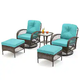 U-HOMY - 360° Swivel Rocking Patio Chairs with Cushions & Tempered Glass Table, Wicker Conversation Set, 5-Piece - Blue