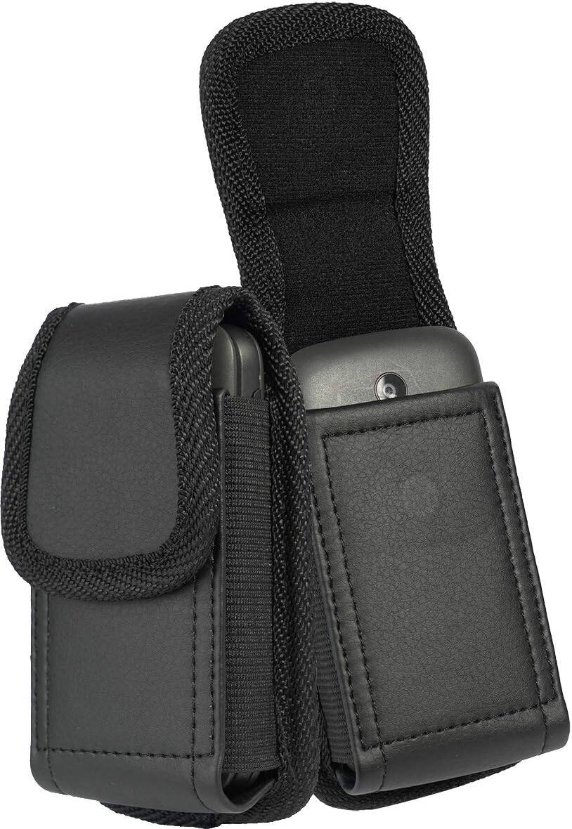 Angle. ACJPR - Black Vegan Leather Vertical Pouch, Belt Loop & Magnetic Closure for Phones - black.