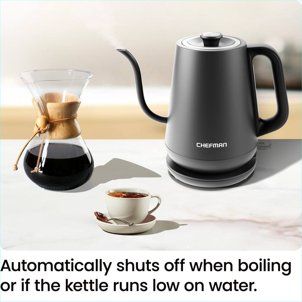 CHEFMAN Automatically shuts off when boiling or if the kettle runs low on water.