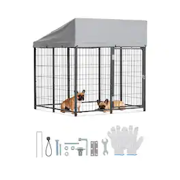 VEVOR - Outdoor Dog Kennel, 3.67 x 3.78 x 4.1 ft Large Dog Kennel with Secure Lock, Outside Dogs Enclosures with UV-Resistant - Black with Silver Accents + Silver Gray
